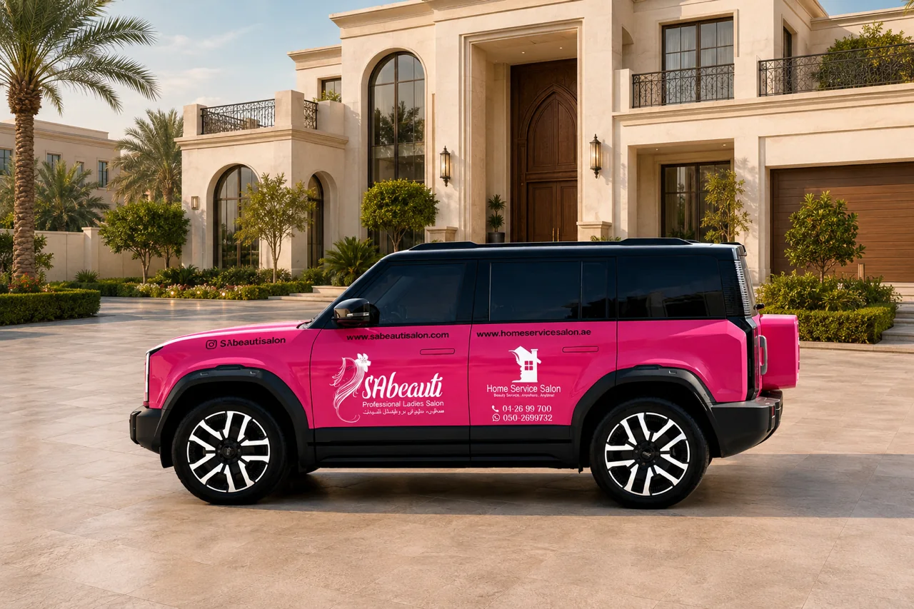 Home Service Salon car outside a Dubai villa